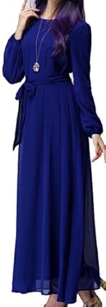 Fulok Women's Long Sleeve Crewneck Casual Solid Muslim Maxi Dress