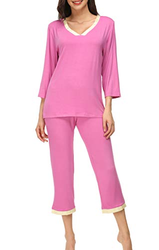 Invug Women 3/4 Long Sleeve Shirt Pants Set Sleepwear V Neck Long Pajamas Loungewear ROSEO S
