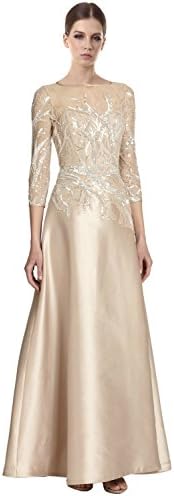 Teri Jon Elegant Bead Top Sequined Branches Satin Gown Dress Champagne