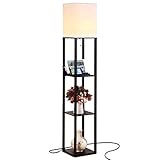 Brightech Maxwell Charging Edition - LED Shelf Floor Lamp for Living Rooms & Bedrooms - USB Ports & Electric Outlet - Modern Standing Light - Asian Display Shelves - Black