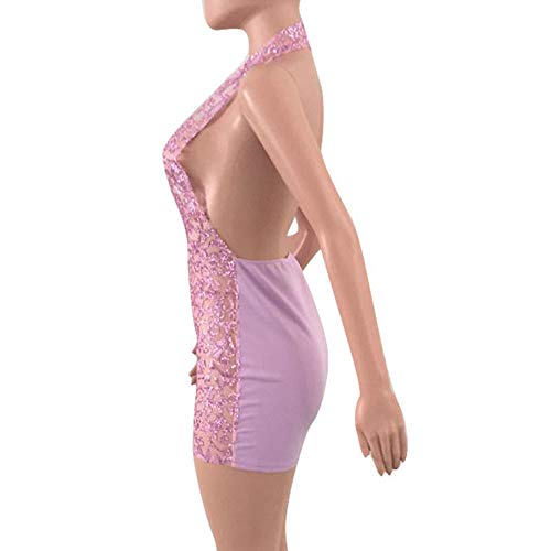 HUAMING-Clearance New Mesh Dresses,Sexy Womens Halter Dress Deep V Party Nightclub Dress Backless Sequins Mini Dress (M, Pink)