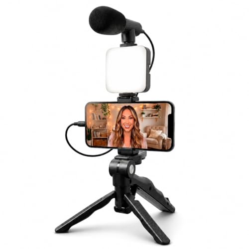 Kit de Gravação Completo com Tripé, Luz LED e Suporte para Celular – Ideal para Vlogs, Lives e Vídeos Profissionais Tripé com Luz LED e Microfone para Celular – Kit Vlogging Profissional Premium