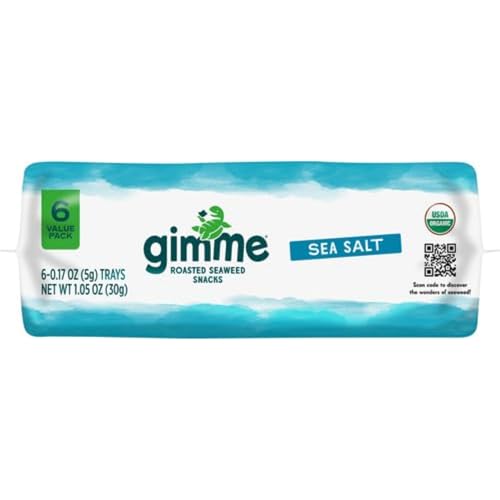 GIMME SEAWEED ORGANIC PREMIUM ROASTED SEAWEED SNACKS, SEA SALT, 6 COUNT, KETO, VEGAN, GLUTEN-FREE, GREAT SOURCE OF OMEGA3S AND IODINE, HEALTHY ON-THE-GO SNACK FOR KIDS AND ADULTS