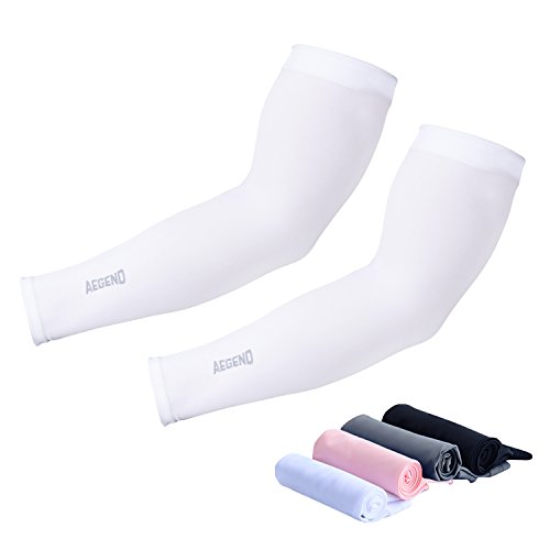 Arm Sleeves, Aegend Arm Sleeves UV Protection for Men Women Youth Arm Warmers for Cycling Hiking Golf Baseball Basketball Outdoor Sport Tattoo Cover Elbow Sleeves,  	White(2nd Version), Medium