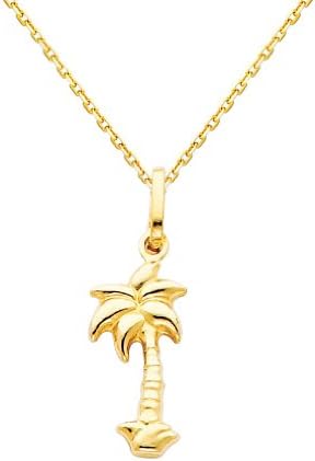 14k Yellow Gold Palm Tree Charm Pendant with 0.9mm Oval Angled Cut Rolo Cable Chain Necklace - 20"