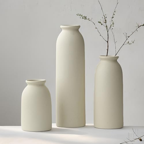 26.6cm Set of 3 Small Ceramic Vases for Home Decor & Table Centrepieces, Rustic Farmhouse Style, Mini Decorative Vases (XL Beige)