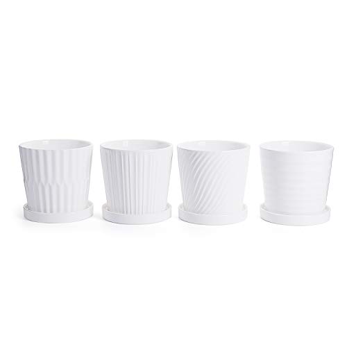 Greenaholics Plant Pots - 5.2Inch Cylinder Ceramic Planters with Connected Saucer, Pots for Succuelnt and Little Plants Set of 4, White