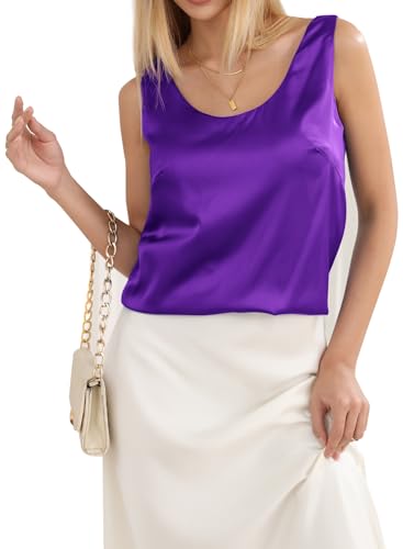LUXVEER WOMEN SILK SATIN TANK TOPS DRESSY CASUAL SLEEVELESS CAMISOLE SUMMER CAMI BLOUSE SHIRT 2024 TRENDY PURPLE