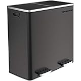 SONGMICS Trash Garbage Can, 16 Gal (60L) Rubbish, Metal Step Bin, with Dual Compartments, Plastic Inner Buckets and Hinged Lids, Handles, Soft Closure, Airtight, Black ULTB60BK