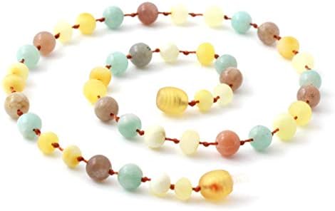 TipTop-Eco Raw Baltic Amber Teething Necklace Made with Amazonite and Sunstone - 12.6 Inches Long - Unpolished Milky Butter Beads (Milky/Sunstone/Amazonite, 12.6 Inches)