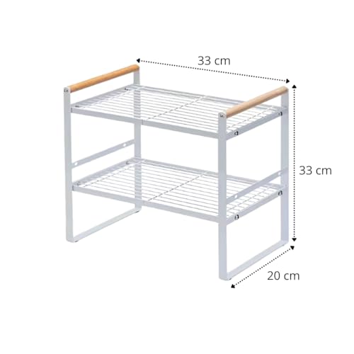 Prateleira Organizadora de Cozinha 2 Andares 33x33x20cm | Organizador de Armário Aramado em Metal Resistente com Cabo de Madeira Antiferrugem para Louças e Utensílios (Branco)