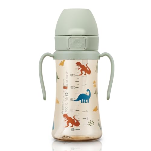 GROSMIMI Flip Top Spill Proof Sippy Cup with Stage 2 Straw for Toddlers, Customizable, PPSU, BPA Free, 10 oz, Dinosaur