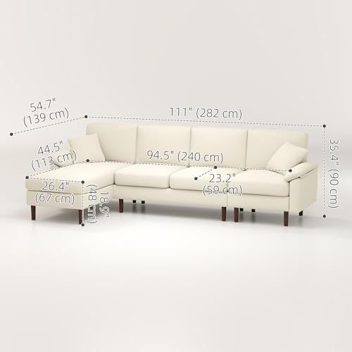 HOMCOM Changeable Sectional Sofa with Chaise Lounge, 111" Modern 4-Seater Couch with Pillows, Wooden Legs, L-Shape Corner Sofa for Living Room, Cream White