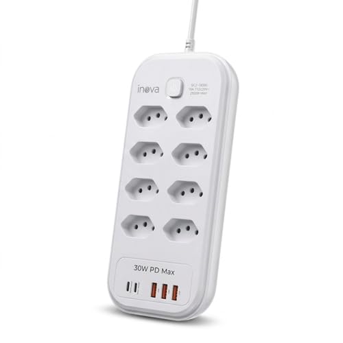 Filtro de Linha,Extensão Eletrica,Extensão Tomada,Régua Tomada 3 Interfaces USB,2 Portas USB Tipo-C,Cabo de Alimentação de 2Metros,Potência de 2500w,Suporta a Tensão de 110-220V Branco(8 Tomadas)