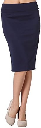 Women’s Knee Length Pencil Skirt – High Waisted – Fold Over – Stretchy – Plus Size – Made in USA (Large, Navy)