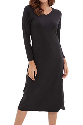 WiWi Soft Bamboo Cotton Long Sleeve Nightgowns for Women V Neck Long Nightshirts Sleep Shirts Night Sleepwear S-XXXL(3XL), Silent Black, 2X-Large