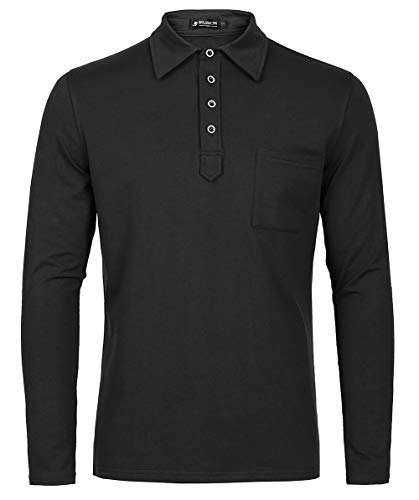 Musen Men Long Sleeve Polo Shirts Cotton Classic Fit T-Shirt Black M