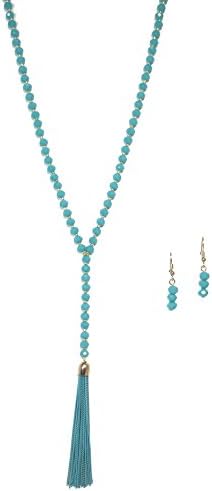 Aqua Blue Crystal Beaded Tassel Necklace and Earrings Set