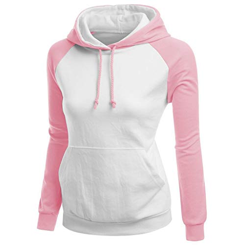 Women's Color Block Lightweight Long Sleeve Pullover Hoodie  LONGDAY Hoodies-Tops Drawstring Sweatshirt with Pocket Pink