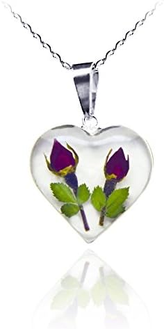 Sterling Silver Heart Pendant by TAMI - Floral Jewelry - in a White Background with Two Real Pressed Natural Button Rose Flowers (Symbol of Love and Beauty) and a 17.71 inches 925 Rosal Chain
