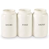 Mud Pie Farmhouse Ceramic Triple Utensil Holder, White
