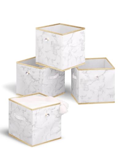 Photo 1 of MYTHAUS Storage Cubes Fabric Bins - Foldable Cube Storage Bin,Closet Organizer with Decorative Knob,Dual Handles Storage Basket,13 Inch for Nursery/Home Office/Closet 4 Pack(White Marble)