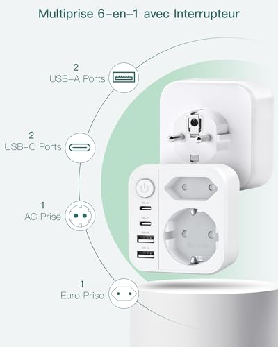 OUFUYU 6-in-1 Multiple Socket, Multi Socket with 2 USB A & USB C Ports, Wall Socket with Switch (4000W/16A), Dual Socket for Home/Office/Travel