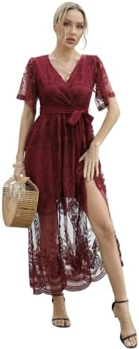 eleter women's deep v-neck lace romper short sleeve long dress Eleter Womens Dress Romper Medium Deep VNeck Lace Short Sleeve Long Scarlet Red