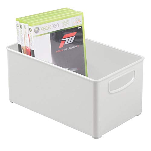 mDesign Plastic Stackable Household Storage Organizer Container Bin Box with Handles - for Media Consoles, Closets, Cabinets - Holds DVD's, Video Games, Gaming Accessories, Head Sets - Light Gray