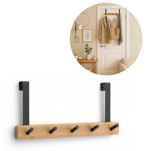 Cabide de Porta em Bambu e Aço, 5 Ganchos, Sem Furos, 34 cm x 17 cm, Organizador para Roupas e Acessórios (Preto)
