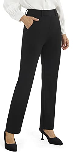 AFITNE Womens Straight Leg Black Work Trousers Ladies Yoga Dress Pants Stretchy Work Business Office Casual Bootcut Pull On Women Trousers with Pockets UK Black XL