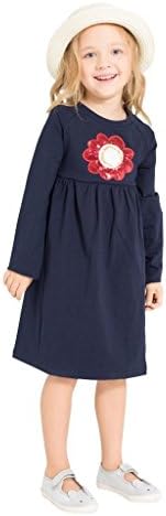 Koupa Girls Cotton Longsleeve Casual Dress(Flower,Navy,11-12 Years)