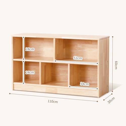 OOOK Montessori Shelving Unit with 5 Compartments Rubberwood 110 cm (43.3 Inches) – 2 Storage Systems – Wooden Wardrobe for Children's Room, Games Room, Nursery, Classroom and Kindergarten