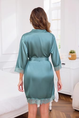 Wikoan Bathrobe Women's Satin Nightgown Kimono with 3/4 Quarter Sleeves and Lace Morning Bridesmaid Bathrobes S-XXL