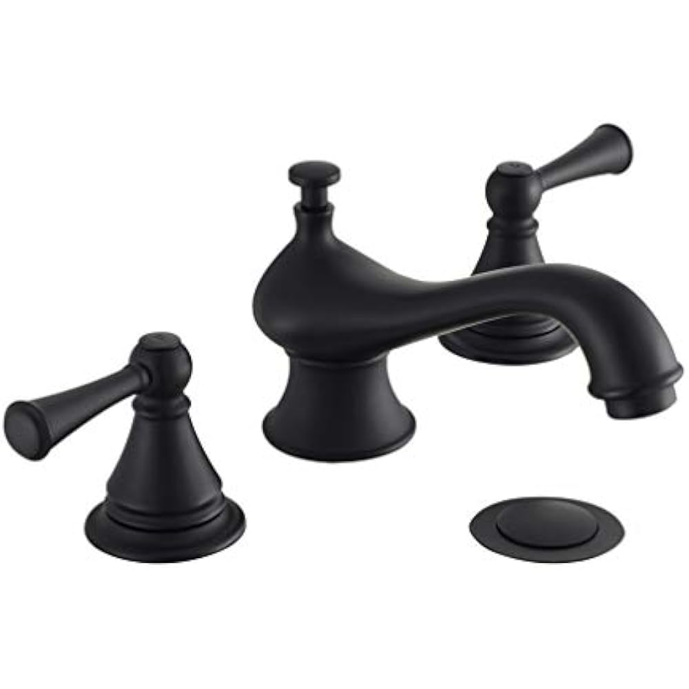 Two Handle 8 Inch Widespread Matte Black Bathroom Sink Faucet With Pop