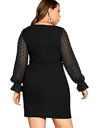 Milumia - Vestido para mujer (talla grande, con lunares, de malla, con cinturón, con corbata)
