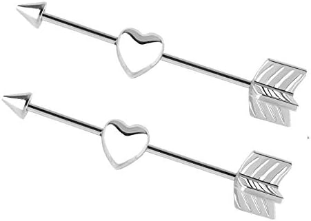 2 Pcs Unisex Industrial Scaffold Barbell Surgical Steel Personality Arrow Ear Cartilage Piercing With Heart Shape Earrings Stud Set Screw Anti-allergic Body Piercing Jewelry Earring Gauges Expander Da