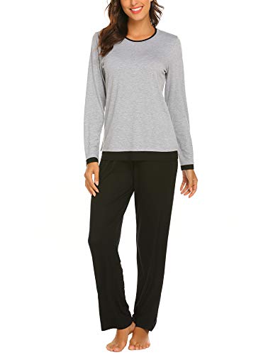 Ekouaer Pajamas Women's Long-Sleeve Pjs Top with Long Lounge Pants Soft Sleepwear Set Grey XXL