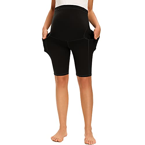 MAZUSPORTS WOMEN’S MATERNITY YOGA SHORTS OVER THE BELLY ACTIVE COMFY BIKER WORKOUT RUNNING ATHLETIC SHORTS SIDE POCKETS (BLACK, XL)