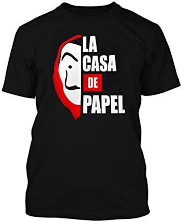 Adult Short Sleeve T-Shirt Black Printed with -La Casa De Papel (Red,Wht)