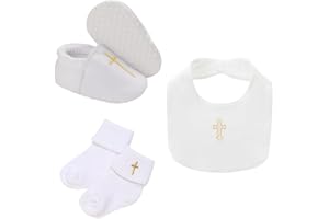 TJCONETJC Baby Baptism Cross Sneaker Shoes & Socks, White Christening Baptism Sets for Baby,3Pcs