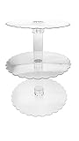 14-1/4 Inch Tall Three Tier Cupcake or Cake Stand with Scalloped Eges Made of Clear Hard Acrylic - Mix and Match Use As a One Tier, Two Tier or Three Tier - Center Tube Is Hollow and Can Be Filled If Desired