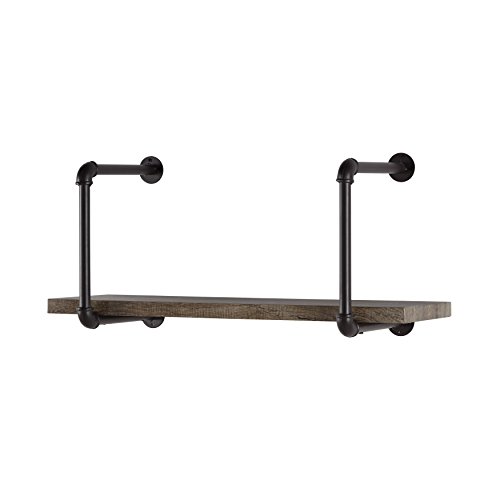 Danya B. GH071- Floating Metal Pipe Shelf with Aged Wood Finish - Wall Mount - Brown