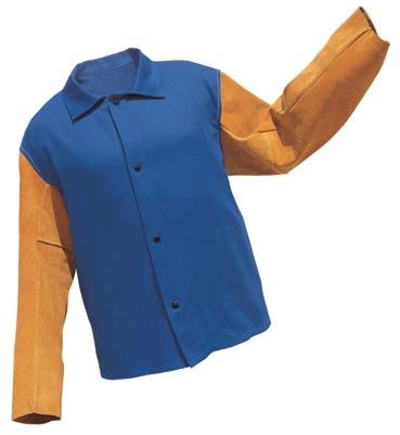 Radnor 64055161 30" Westex Proban FR7A Cotton Flame Retardant Jacket with Snap Front Closure and Cowhide Leather Sleeves, 9 oz, Medium, Royal Blue