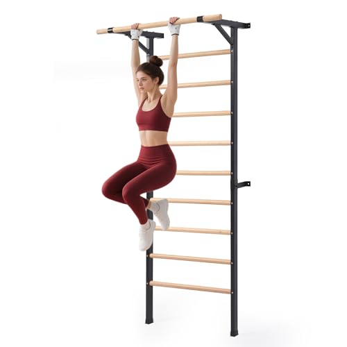 Morohope Solid Beechwood Stall Bar, 90" Swedish Ladder Wall Gym with Pull-up Bar & Dip Station, 220lbs Capacity Wall Mounted Gymnastics Ladder for Adult Home Gym, Stretching & Bodyweight Training