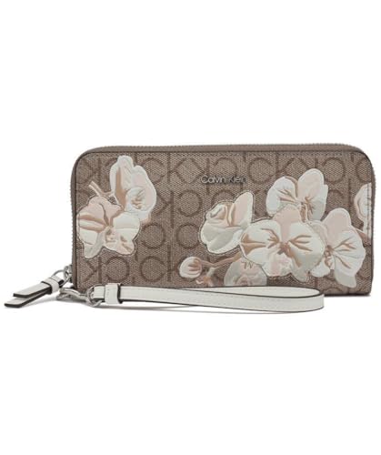 Calvin Klein Key Item Saffiano Continental Zip Around Wallet with Wristlet Strap, Almond Floral Emboss, One Size