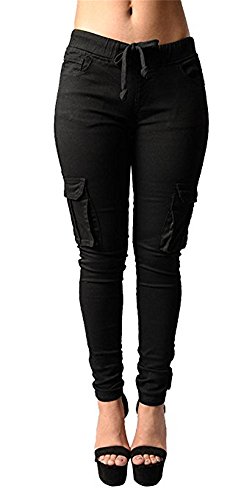 Coutgo Womens Casual Stretch Drawstring Skinny Pants Cargo Jogger Pants (XXXL, Black) - Thumbnail 2