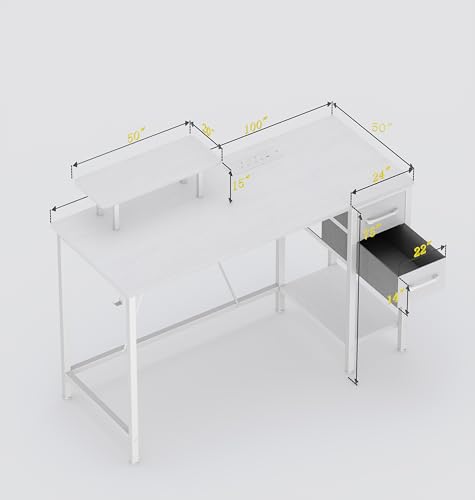 Xyphren 100cm Computer Desk with Drawers & Power Outlets, Office Desk with Storage Monitor Stand, Reversible Small Desks for Home Office Bedroom, White