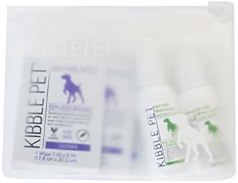 Kibble Pet Travel Kit | Perfect for The Pup on The go | Sized for Carrying on | Includes 7 Soothing Wipes, 2oz Brush-in Shine Waterless Shampoo, 2oz Light Leave-in Spray