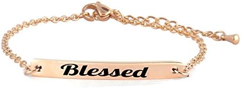 ZAloha Blessed Engraved Charm Bar Bracelet Rose Gold Girls Delicate Dainty Best Friend Jewelry Gifts